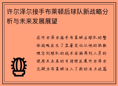 许尔泽尔接手布莱顿后球队新战略分析与未来发展展望