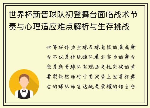 世界杯新晋球队初登舞台面临战术节奏与心理适应难点解析与生存挑战
