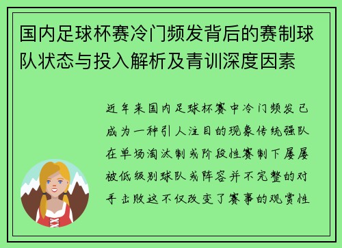国内足球杯赛冷门频发背后的赛制球队状态与投入解析及青训深度因素